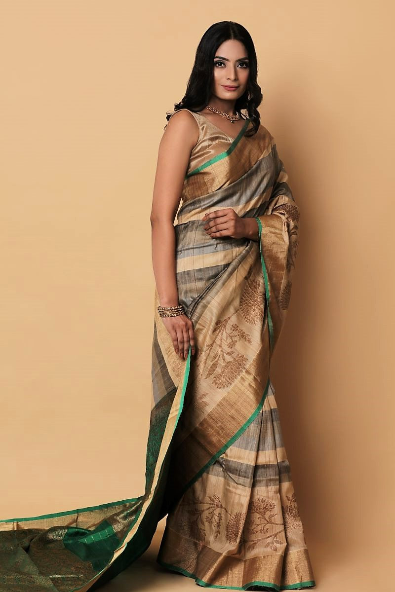 Grey Green Zari Banarasi Tussar Silk Saree: House Of Elegance