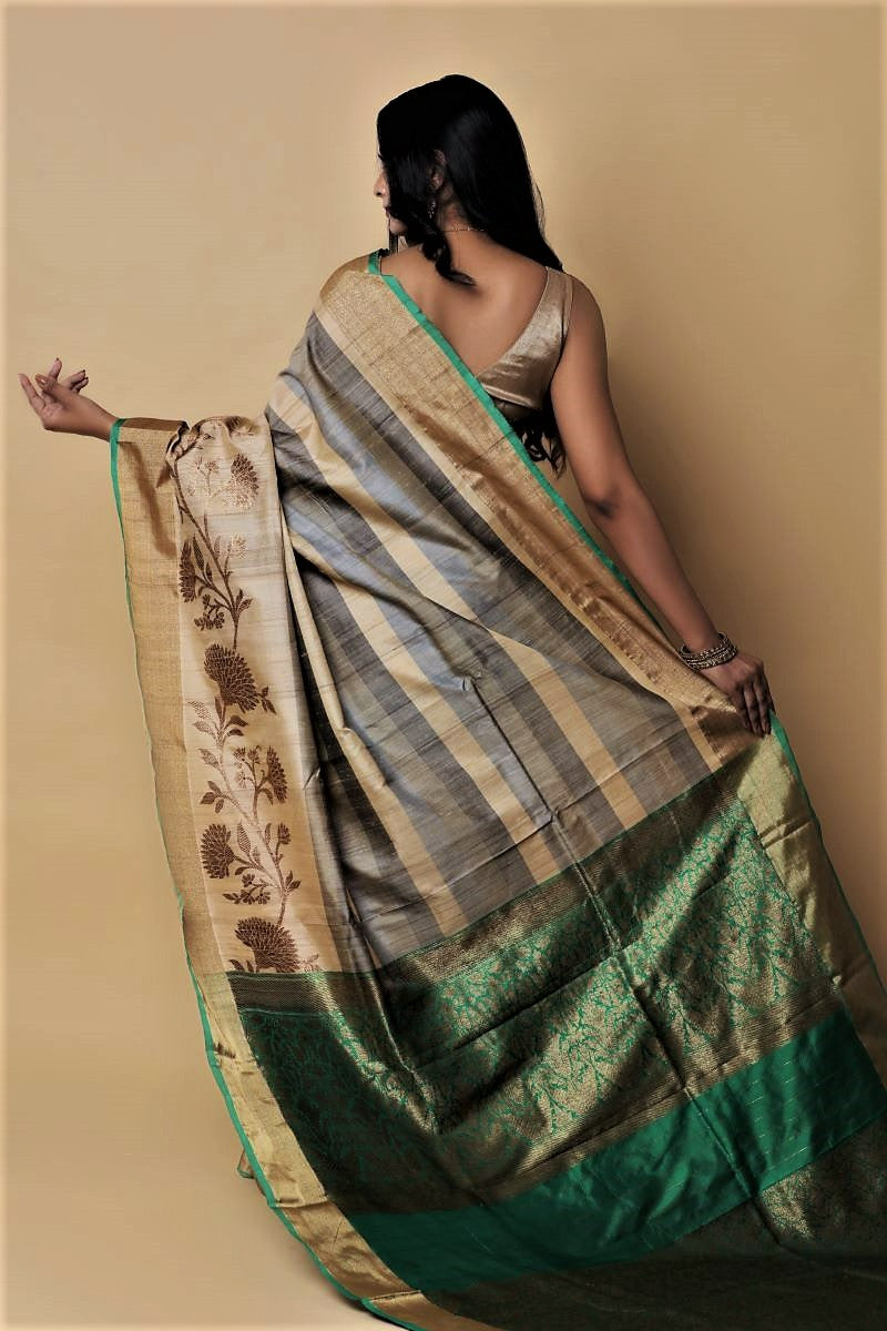 Grey Green Zari Banarasi Tussar Silk Saree: House Of Elegance