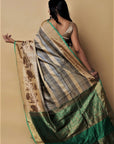 Grey Green Zari Banarasi Tussar Silk Saree: House Of Elegance