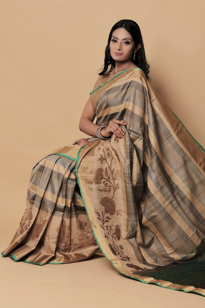 Grey Green Zari Banarasi Tussar Silk Saree: House Of Elegance