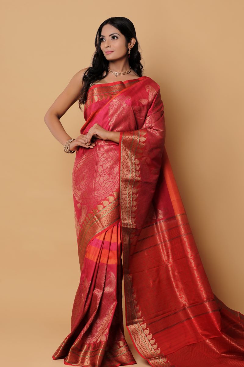 Banarasi Tussar Silk Saree as a zari border silk saree is the best handloom Banarasi Silk Saree 