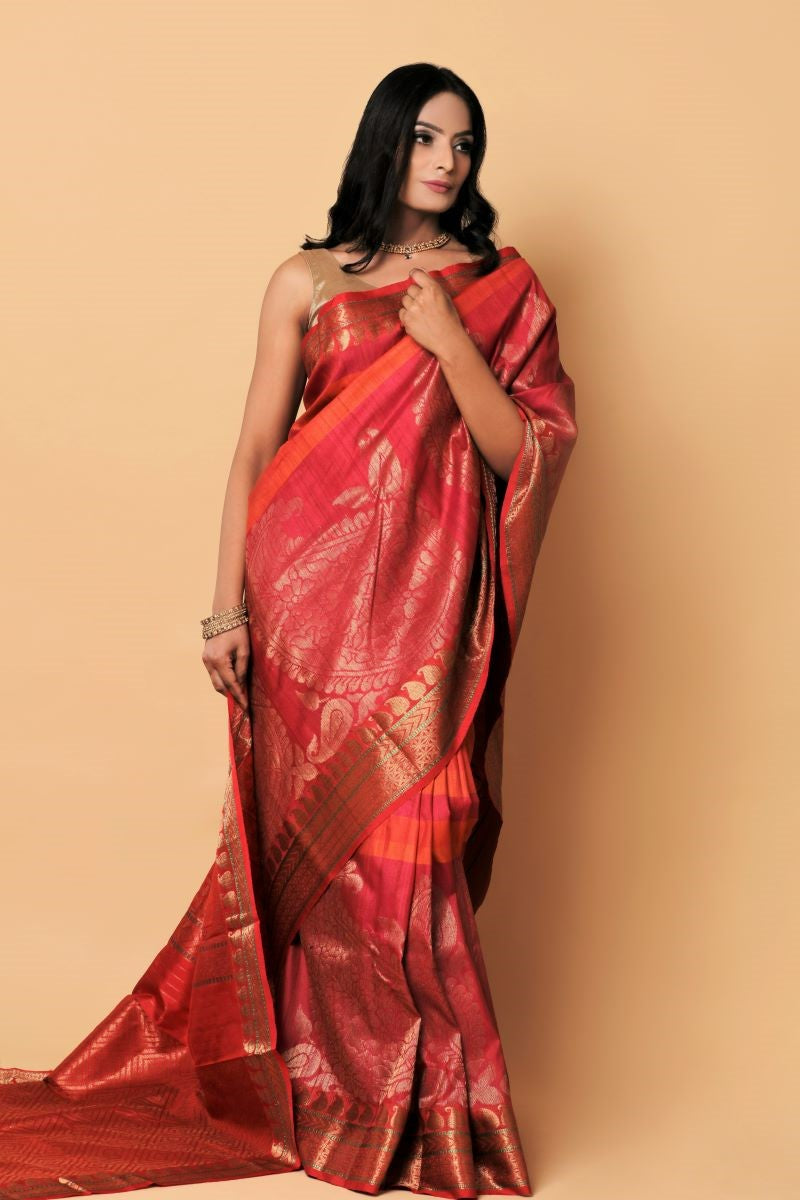 Kimora Norway Grey And Red Woven Banarasi Tussar Silk Kalamkari Saree –  Kimora Fashion Pvt Ltd