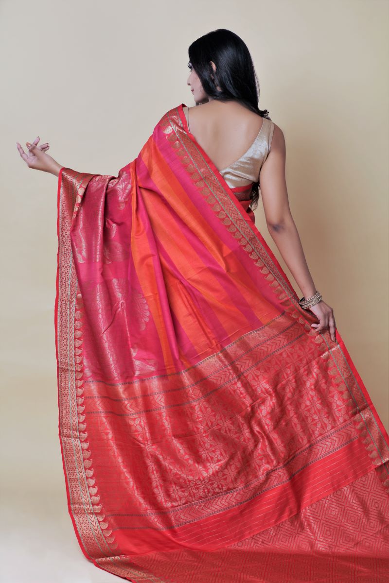 Red Banarasi Tussar Silk Saree as a zari border silk saree is the best handloom Banarasi Silk Saree 