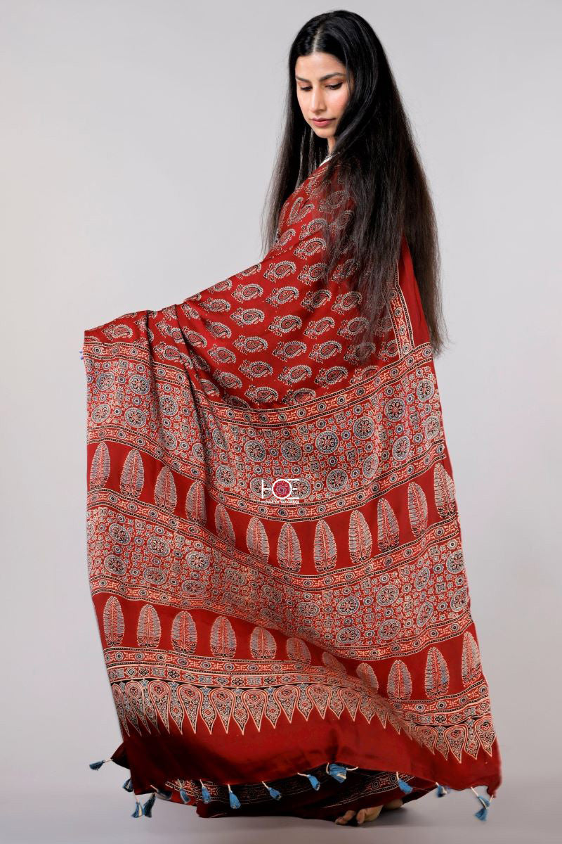 Red modal silk ajrakh saree