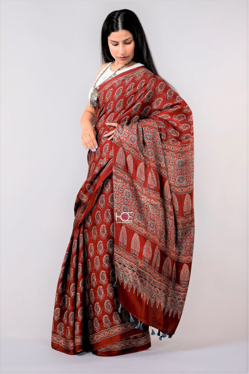 Red Ajrakh Modal Silk Saree