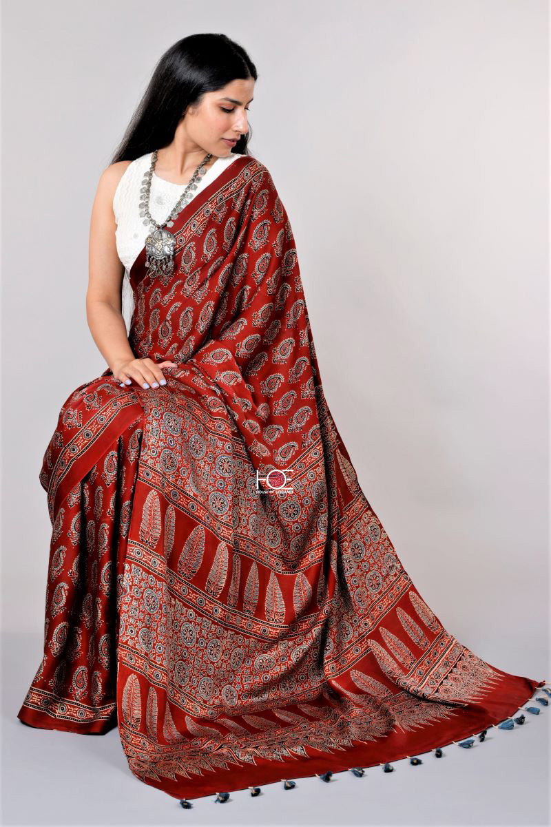Buy Pure Modal Silk Ajrakh Print Saree  Incredibly Authentic Handwoven  Saree – Indidha