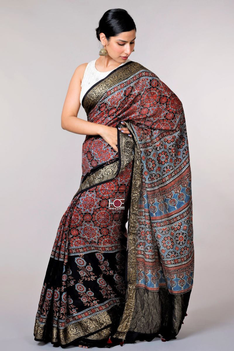 Red Black Marigold Dola Silk Ajrakh Saree: House of Elegance