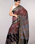 Red Black Marigold Dola Silk Ajrakh Saree: House of Elegance