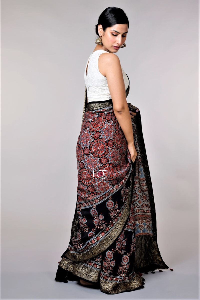 Red Black Marigold Dola Silk Ajrakh Saree: House of Elegance – House Of  Elegance - Style That Inspires