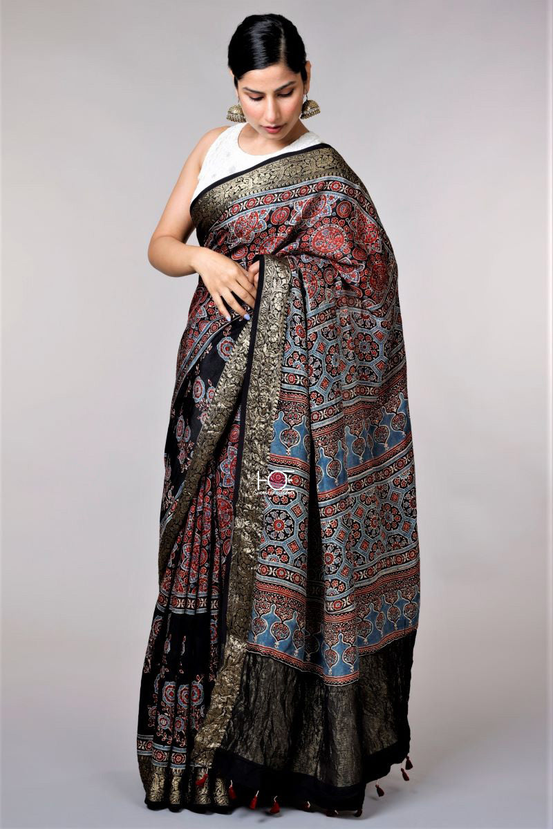 Red Black Marigold Dola Silk Ajrakh Saree: House of Elegance