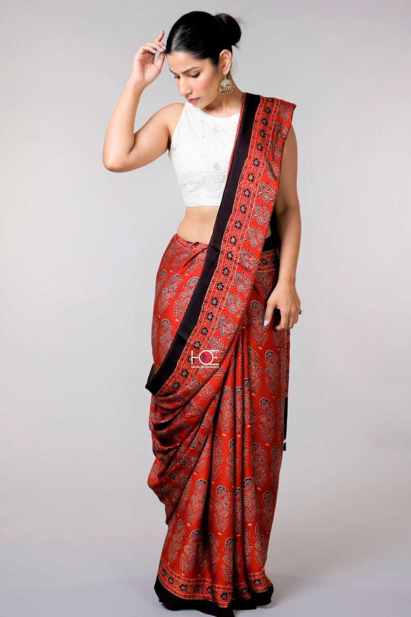 Corsages on Red / Modal Silk | Ajrakh Saree - Handcrafted Home decor and Lifestyle Products
