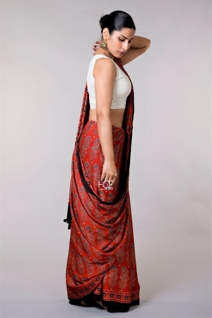 Red Corsage Modal Silk Ajrakh Saree By House Of Elegance