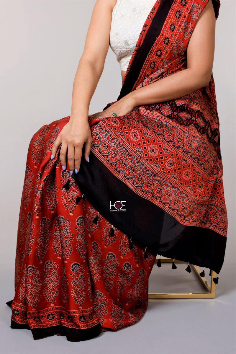 Corsages on Red / Modal Silk | Ajrakh Saree - Handcrafted Home decor and Lifestyle Products