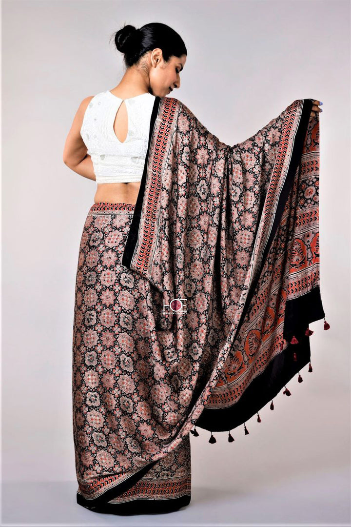 Beige-Ajrakh-print-saree-traditional-silk-saree 