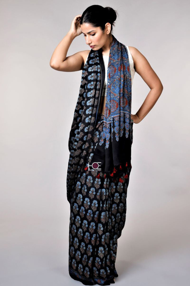 Black Ajrakh Modal Silk Saree