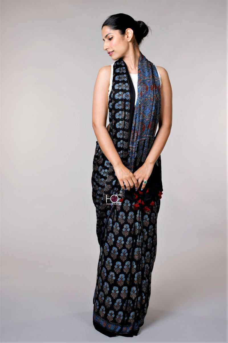 Black Ajrakh Print Saree