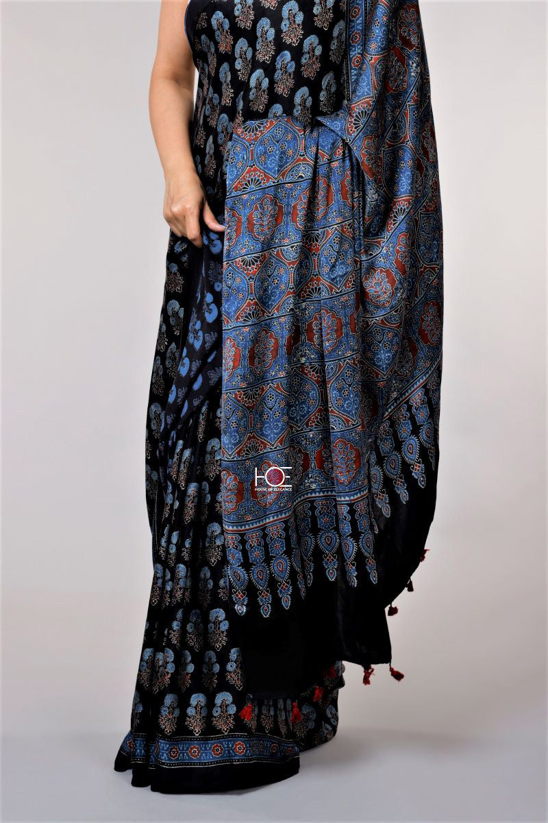 Black Modal Silk Ajrakh Saree