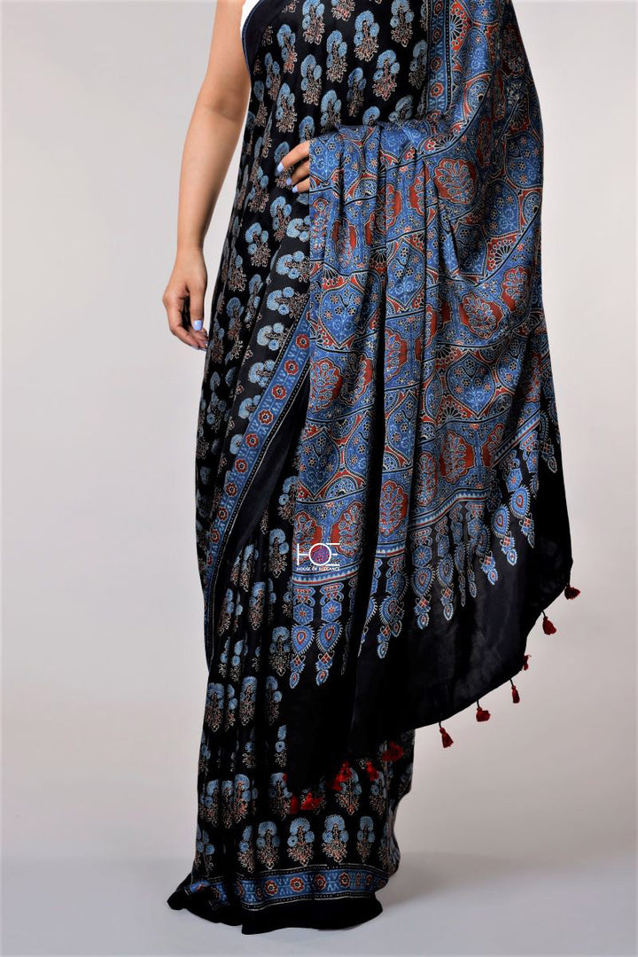 Black Ajrakh silk saree