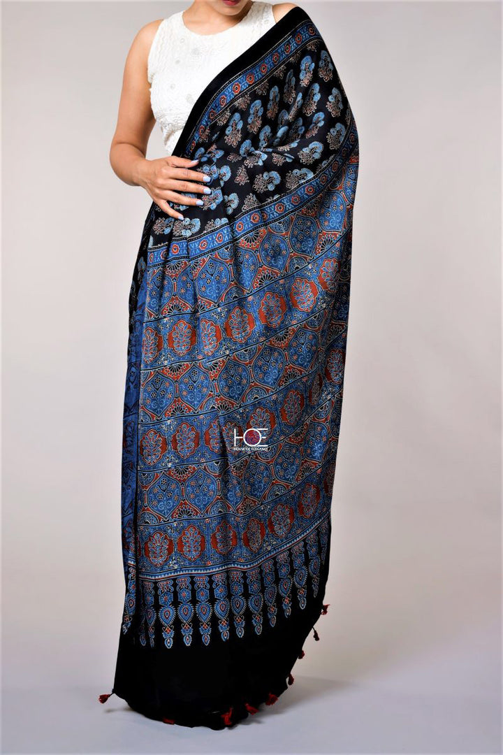 Black Indigo Ajrakh Modal Silk Sarees