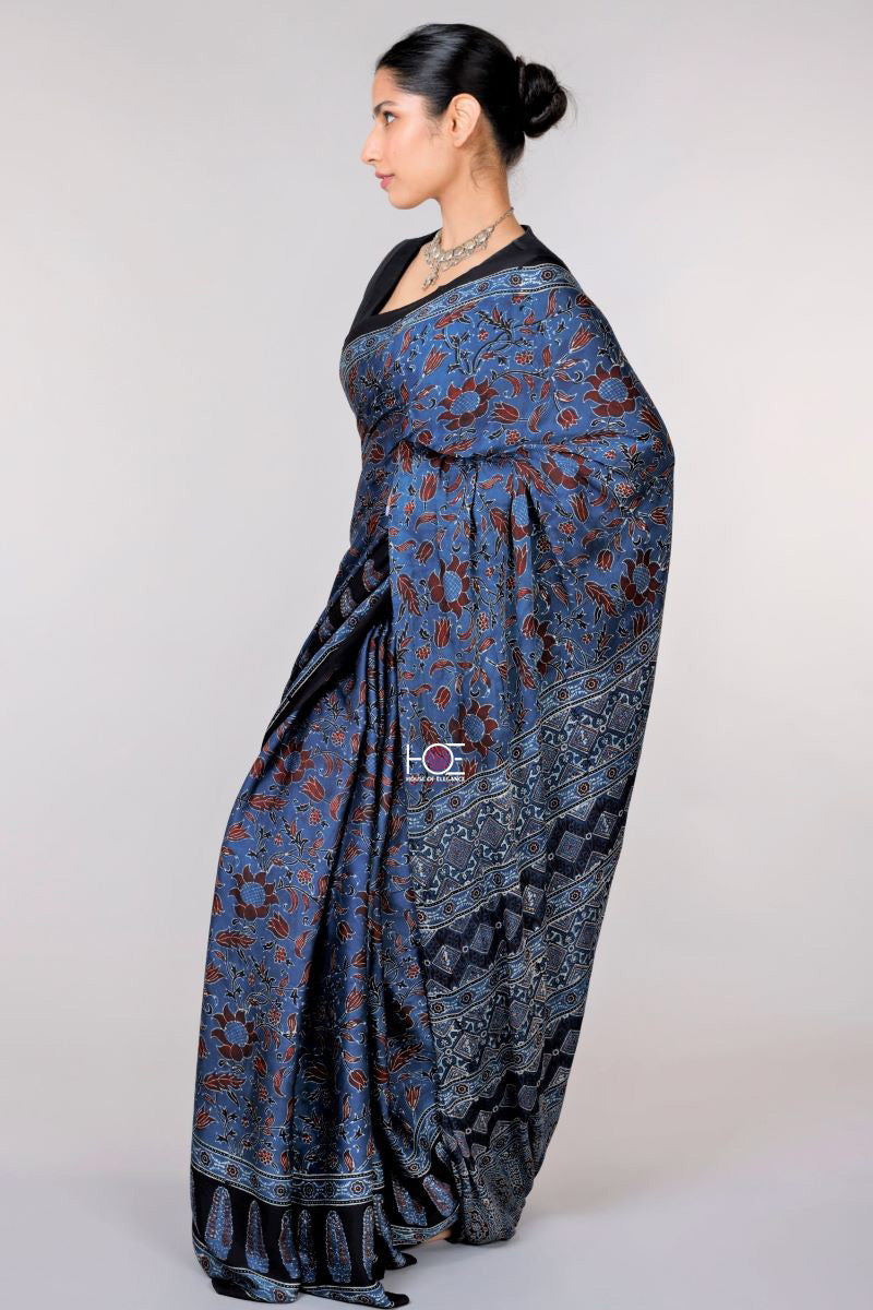 Indigo Flora Jaal Modal Silk Ajrakh Saree: House Of Elegance