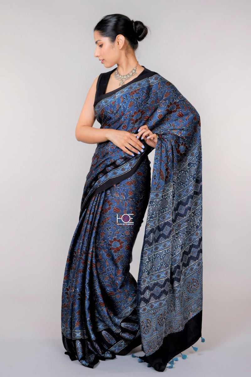 Indigo Flora Jaal Modal Silk Ajrakh Saree: House Of Elegance