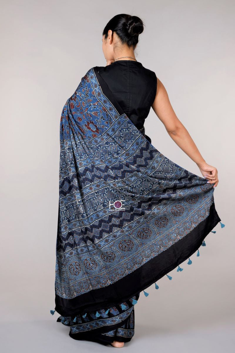 Indigo Flora Jaal Modal Silk Ajrakh Saree: House Of Elegance