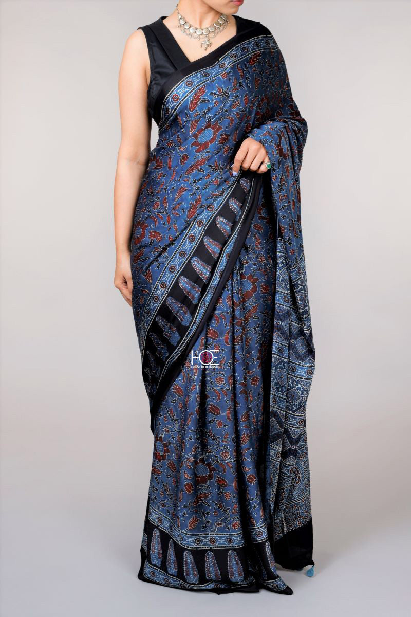 Indigo Flora Jaal Modal Silk Ajrakh Saree: House Of Elegance