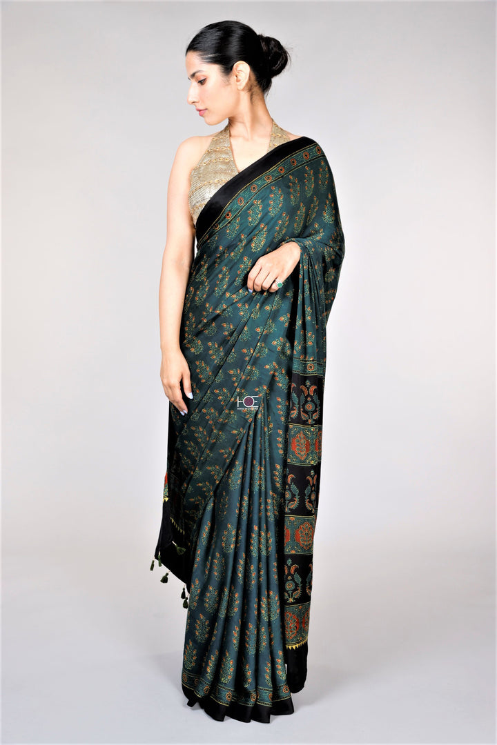 Leafy Corsages on Green / Modal Silk | Ajrakh Saree - Handcrafted Home decor and Lifestyle Products