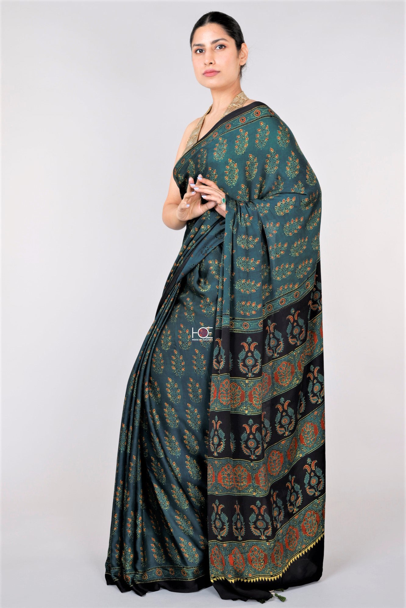 Handcrafted modal silk saree with traditional Ajrakh prints and Golden  Border in vegetable dyes – Bhoomi Handicrafts