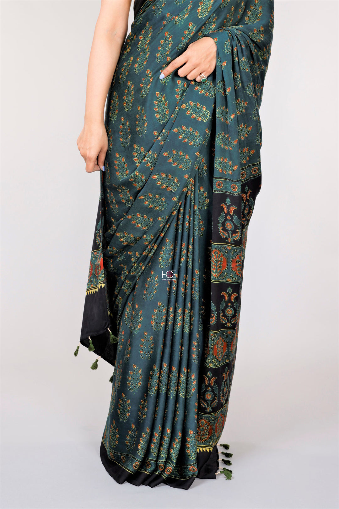 Buy Green Leaf Ajrakh Modal Silk Saree - House Of Elegance – House