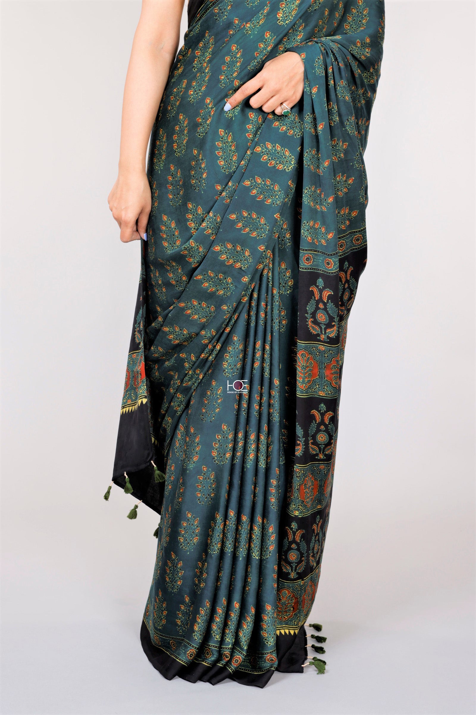 Ajrakh Modal Silk Sarees Green Black Sari Ajrakh Hand Block Print Sari From Kutch Resist Dyeing Technique Using Vegetable Dye