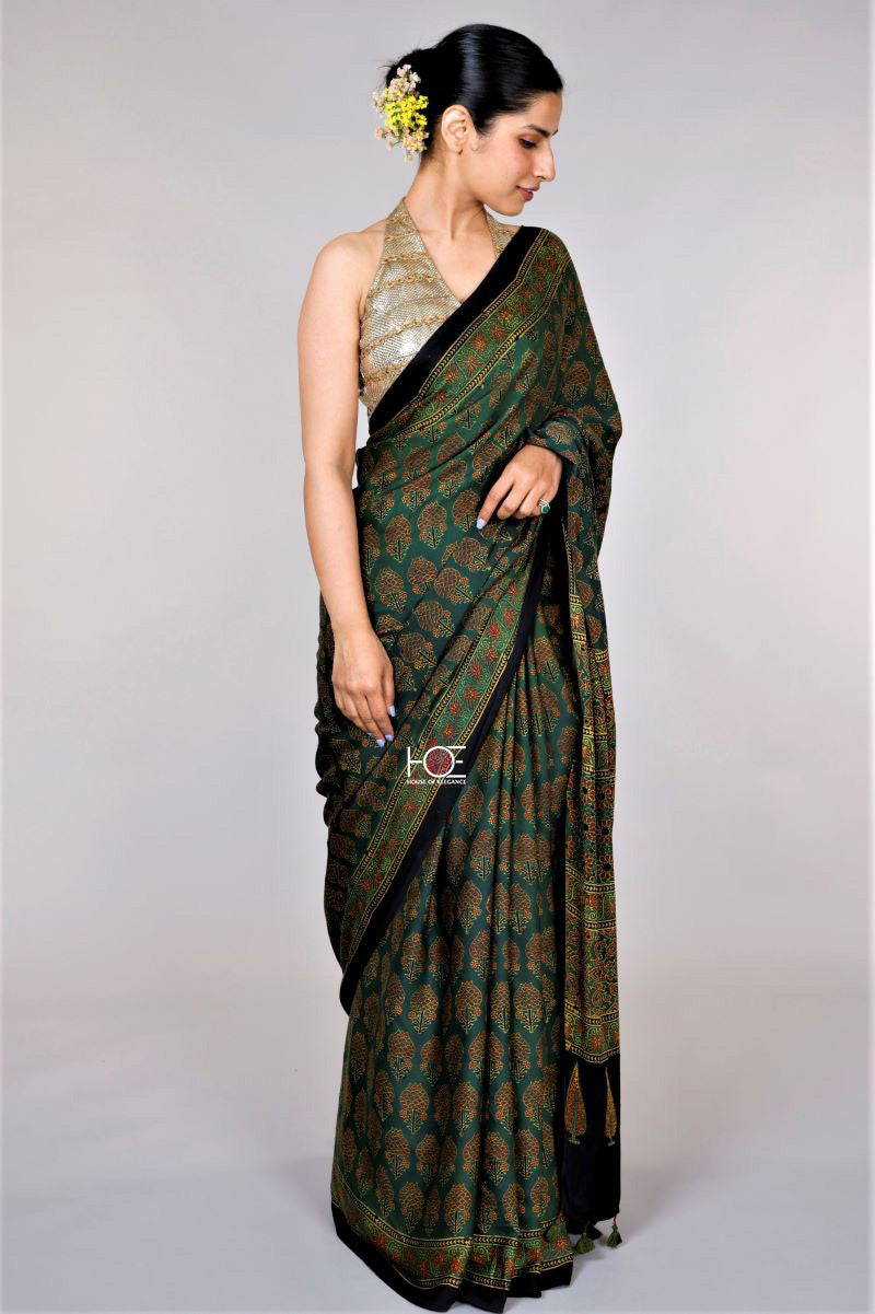 Green Floral Buta Modal Silk Ajrakh Saree: House Of Elegance – House Of  Elegance - Style That Inspires