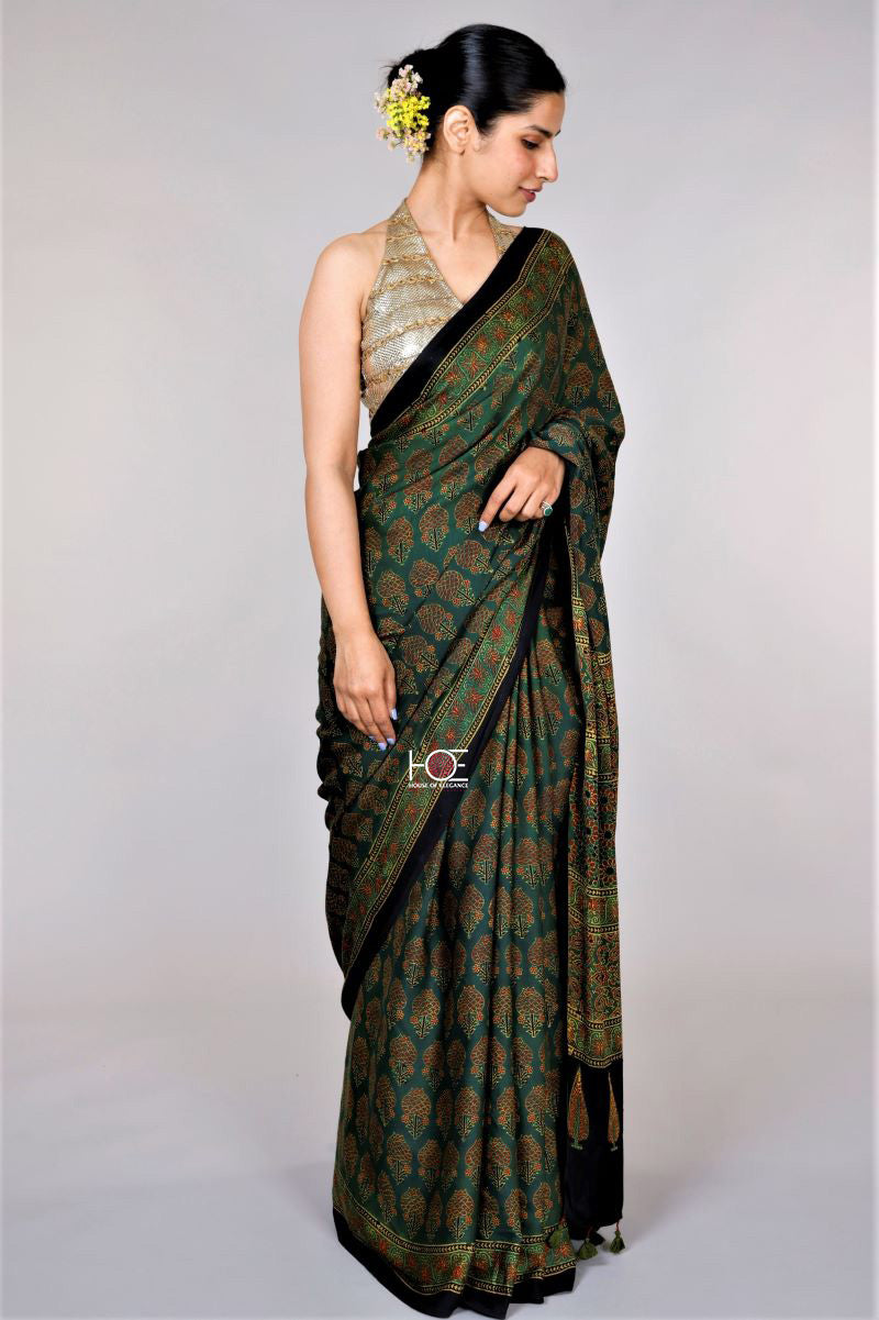 Green Ajrakh Modal Silk Saree - Kutch Ajrakh Hand Block Print | House Of Elegance