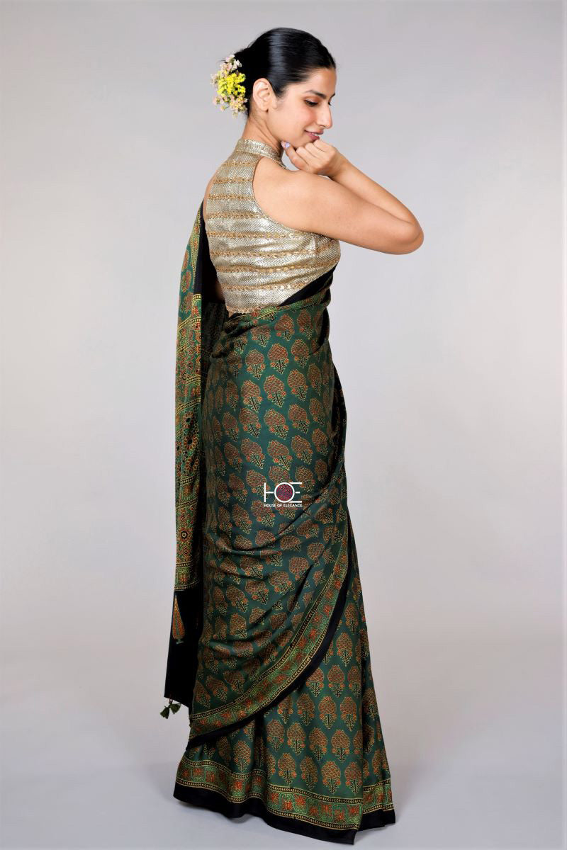 Green Ajrakh Modal Silk Saree - Kutch Ajrakh Hand Block Print | House Of Elegance