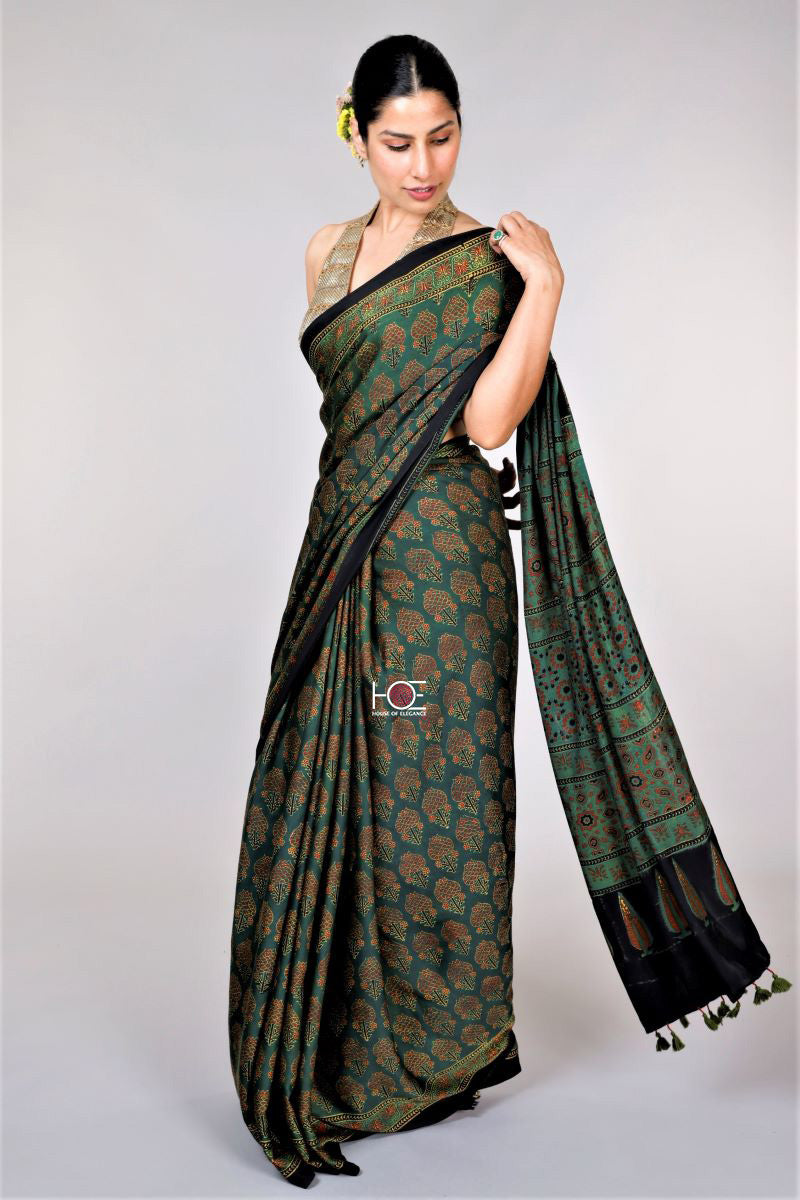 Green Ajrakh Modal Silk Saree - Kutch Ajrakh Hand Block Print | House Of Elegance