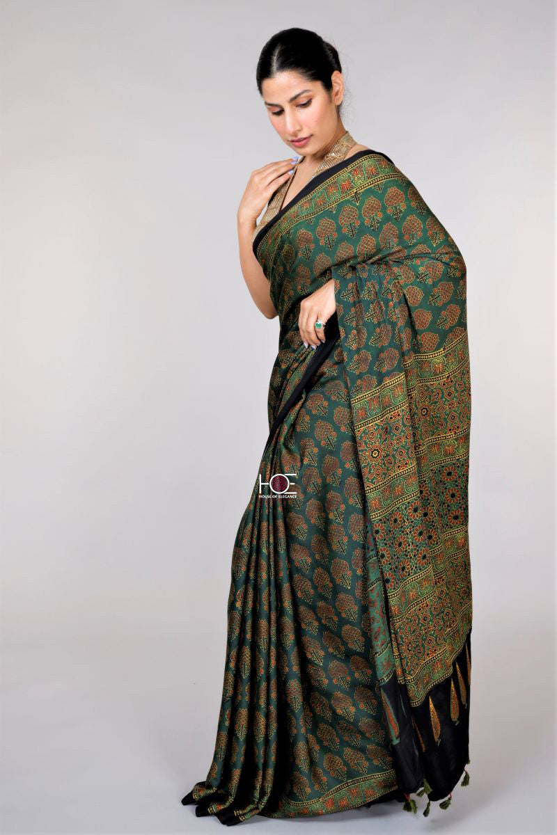Green Ajrakh Modal Silk Saree - Kutch Ajrakh Hand Block Print | House Of Elegance