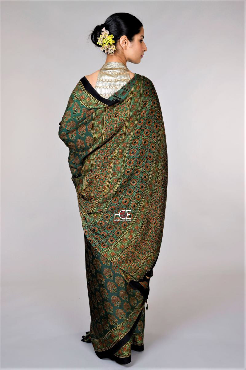 Green Ajrakh Modal Silk Saree - Kutch Ajrakh Hand Block Print | House Of Elegance