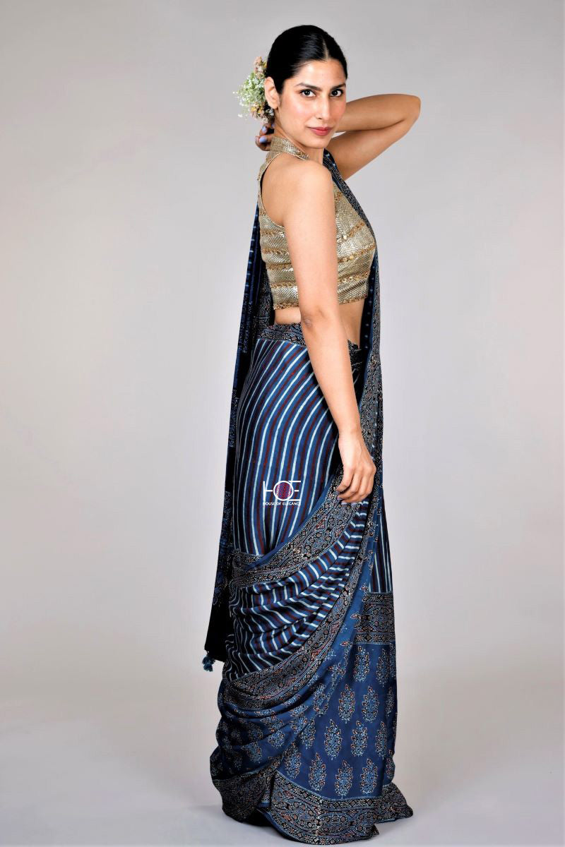 Indigo-Ajrakh-Modal-silk-Saree