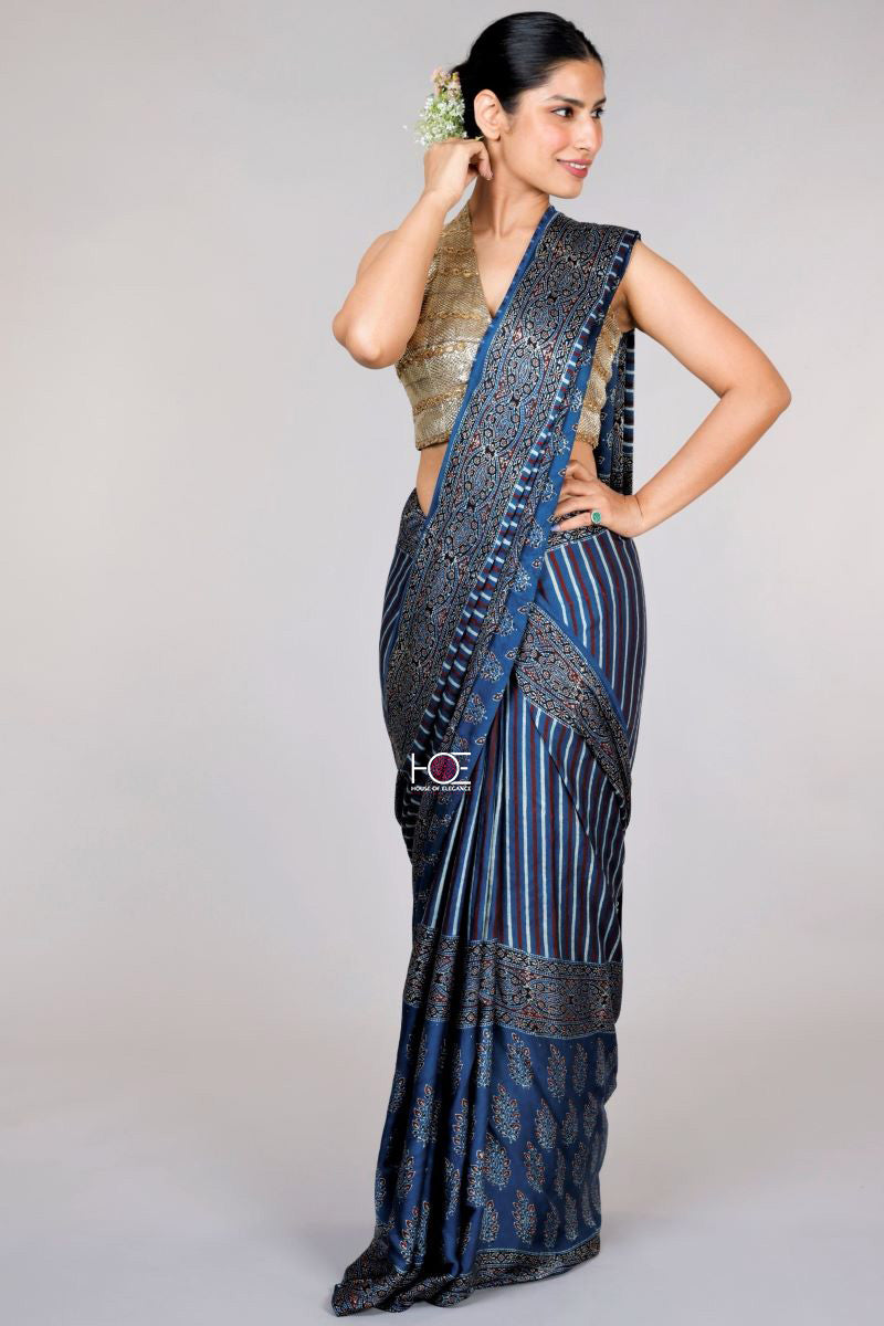 Blue-Ajrakh-Print-saree-kutch-work-saree