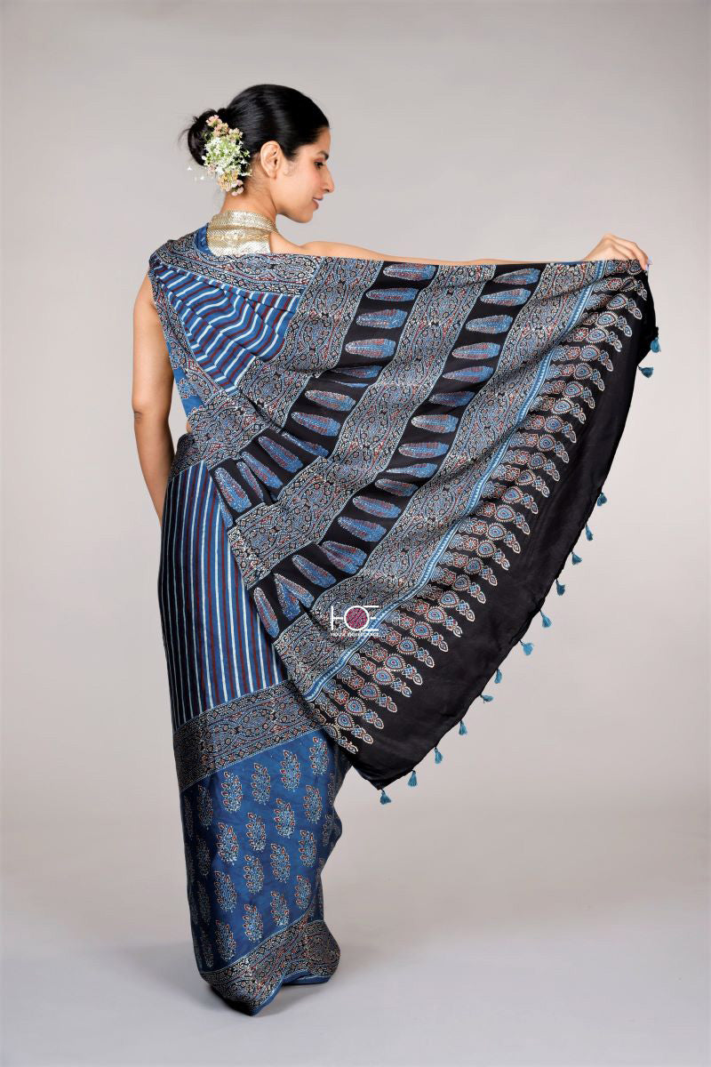 Blue-Ajrakh-saree-modal-silk-saree