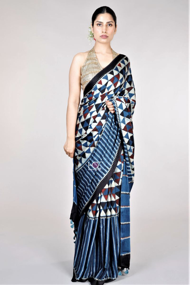 Indigo-Ajrakh-Modal-silk-Saree