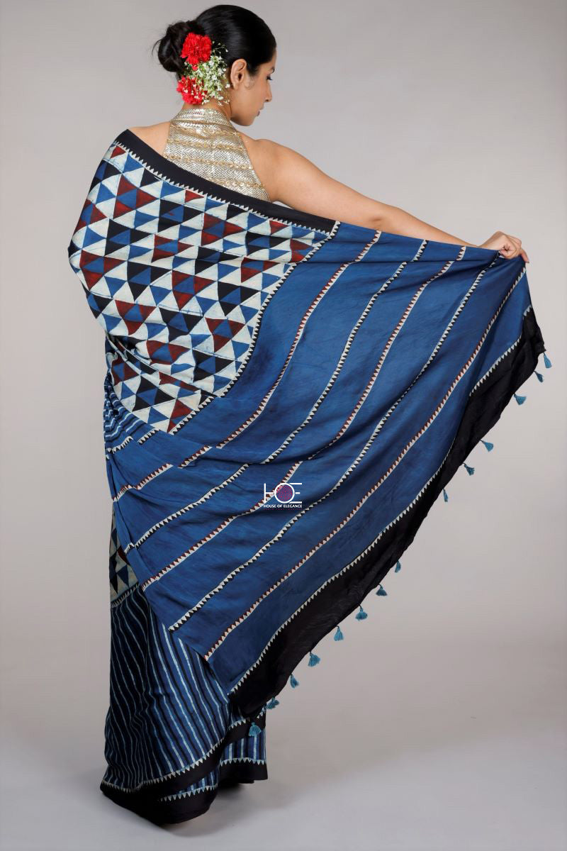 Blue-Ajrakh-traditional-silk-saree 