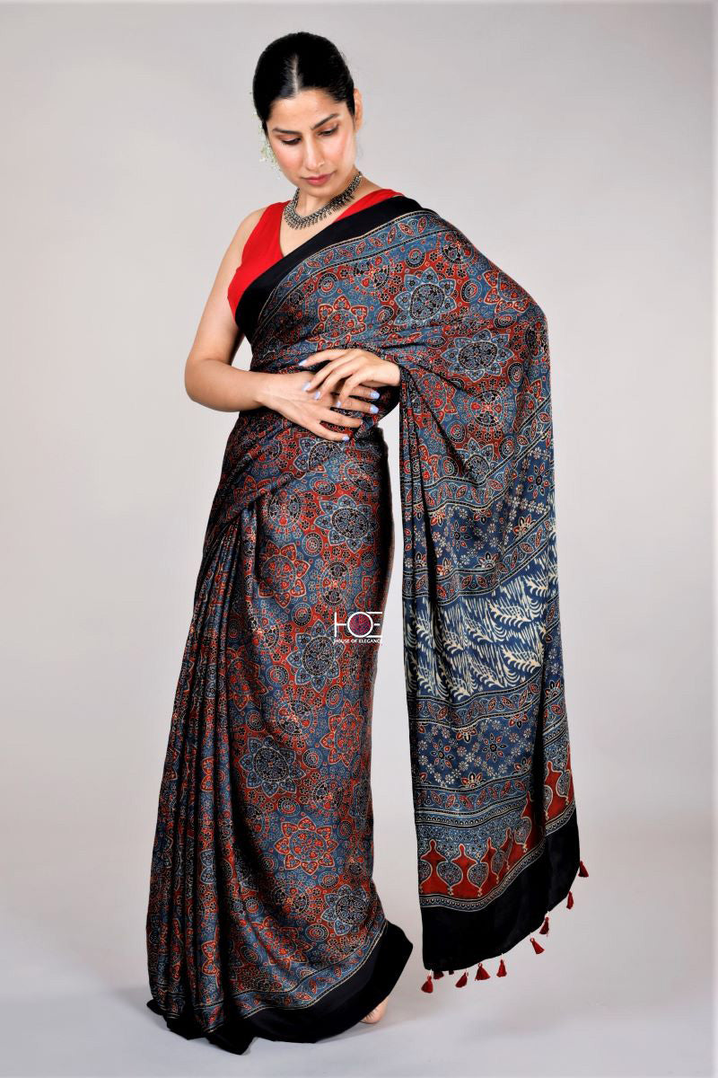 Indigo Ajrakh modal silk saree