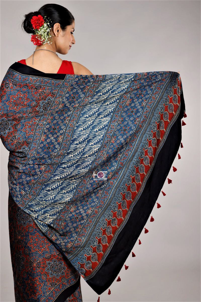 Buy Indigo Stria Ajrakh Modal Silk Saree - House Of Elegance – House Of  Elegance - Style That Inspires