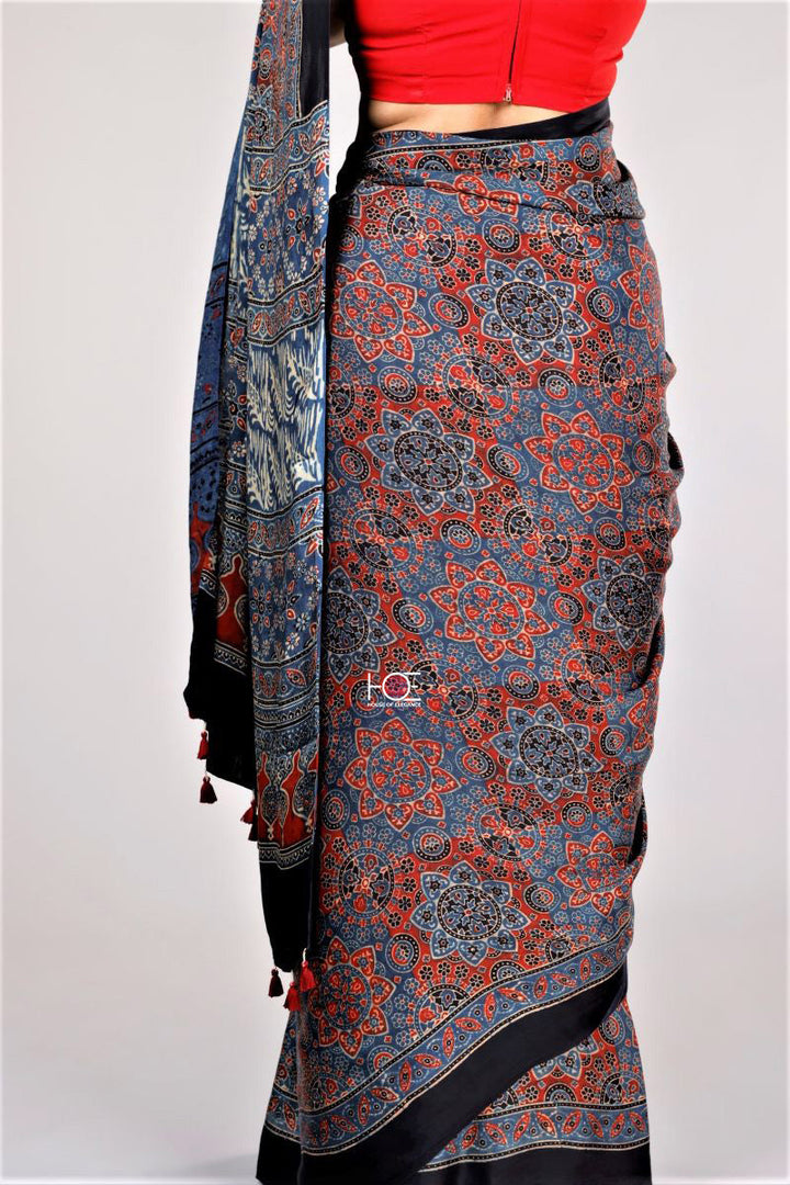 Ajrakh printed modal silk sarees