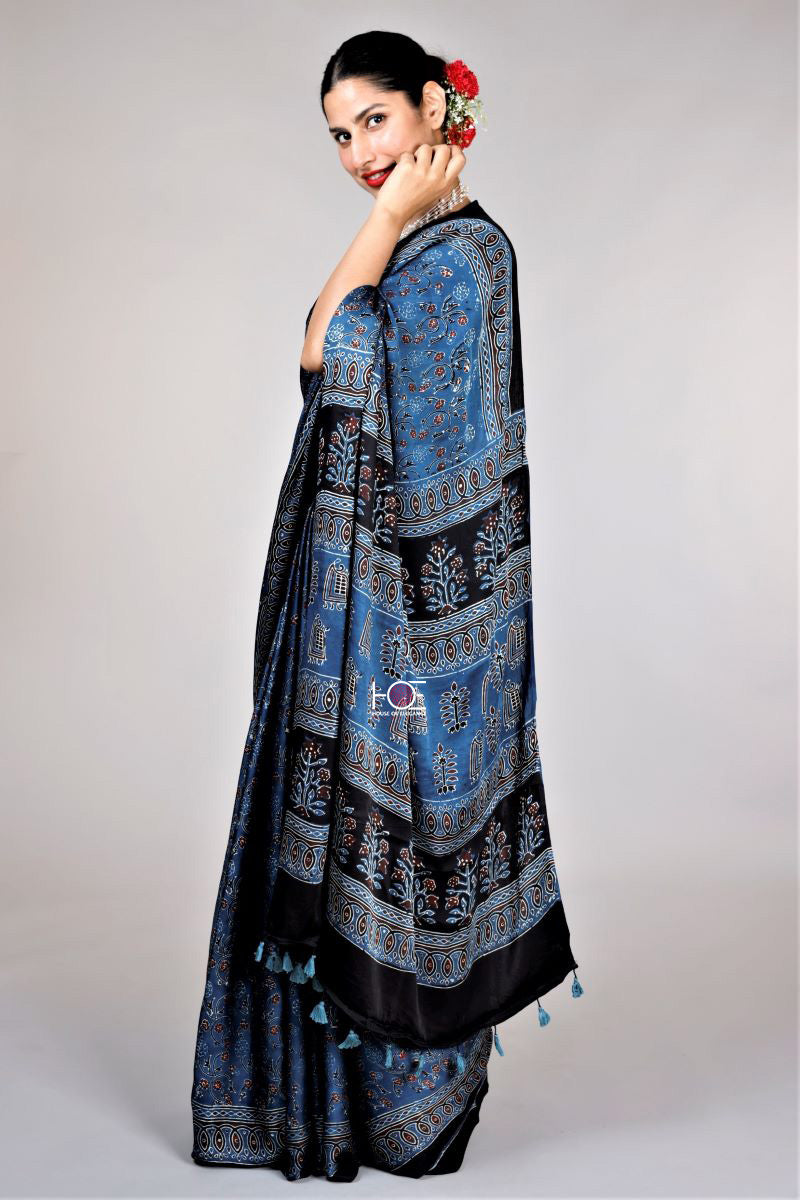 Blue Ajrakh Modal Silk Saree