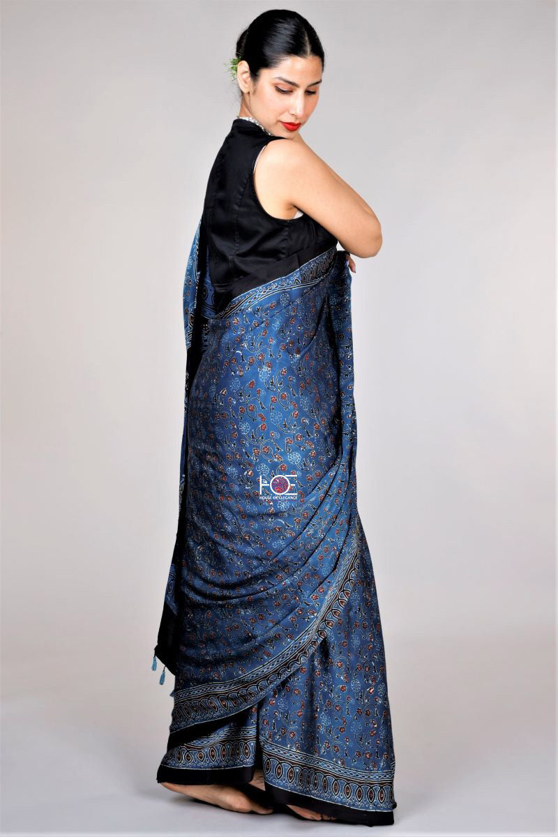 Blue Ajrakh print saree