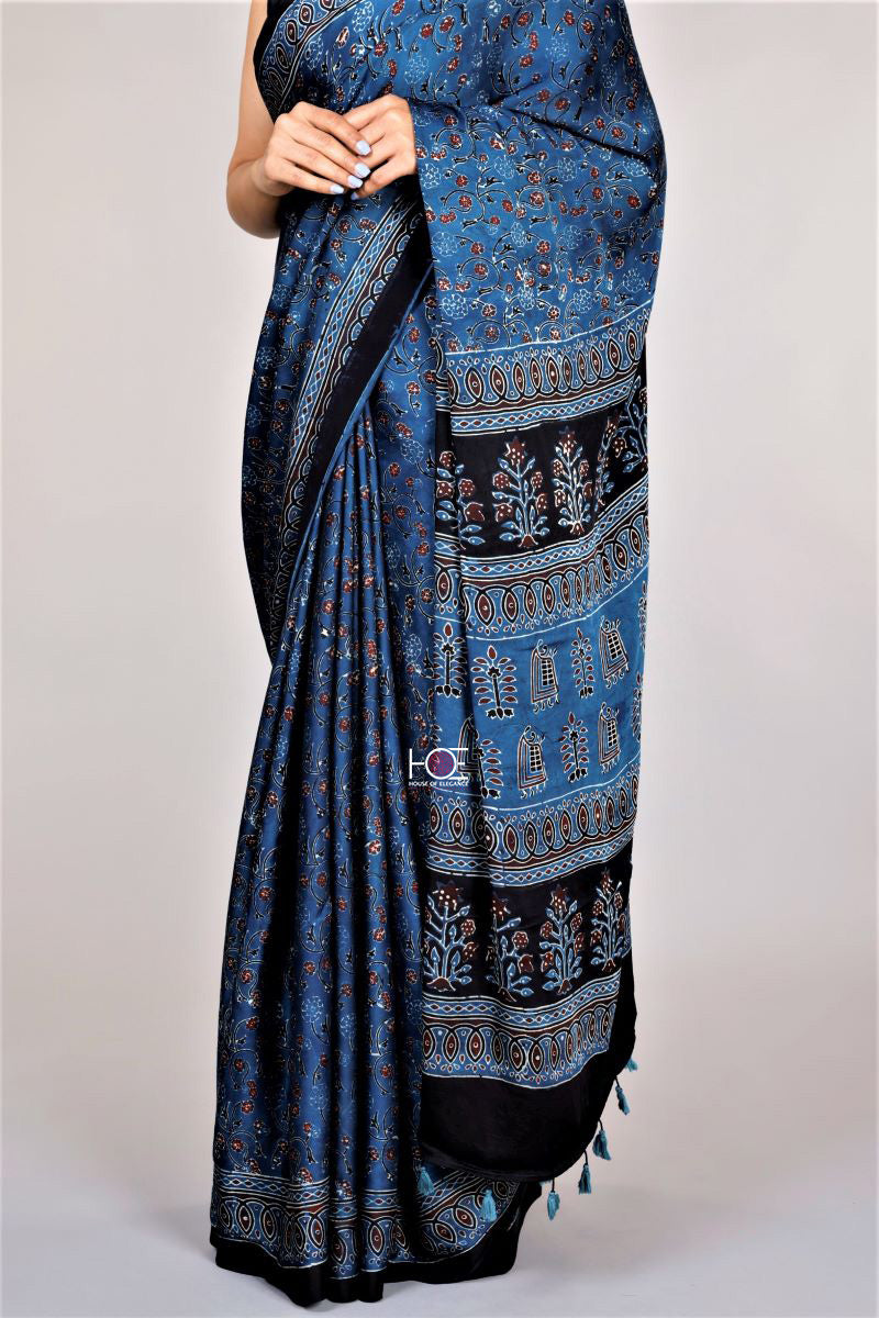 Blue modal silk ajrakh sarees from Bhuj