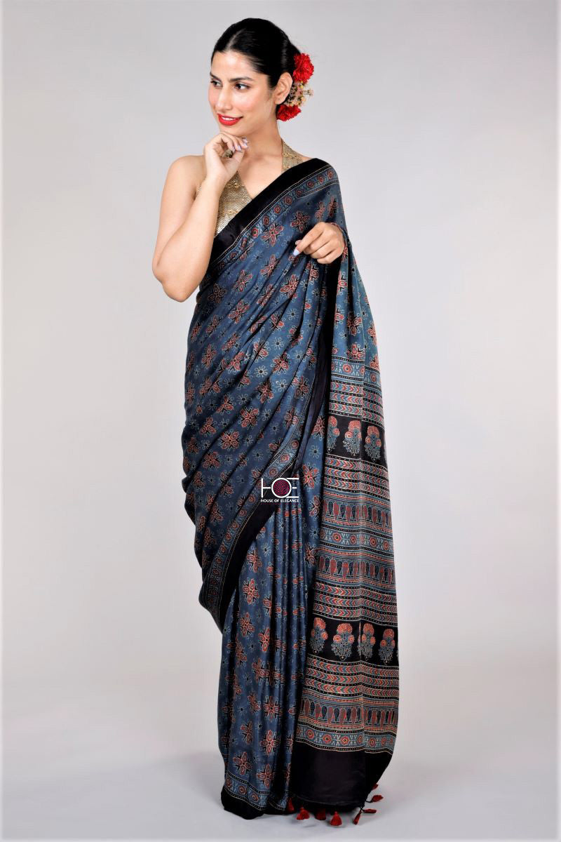 Indigo Black Gajji Silk Ajrakh Saree By House Of Elegance – House Of  Elegance - Style That Inspires