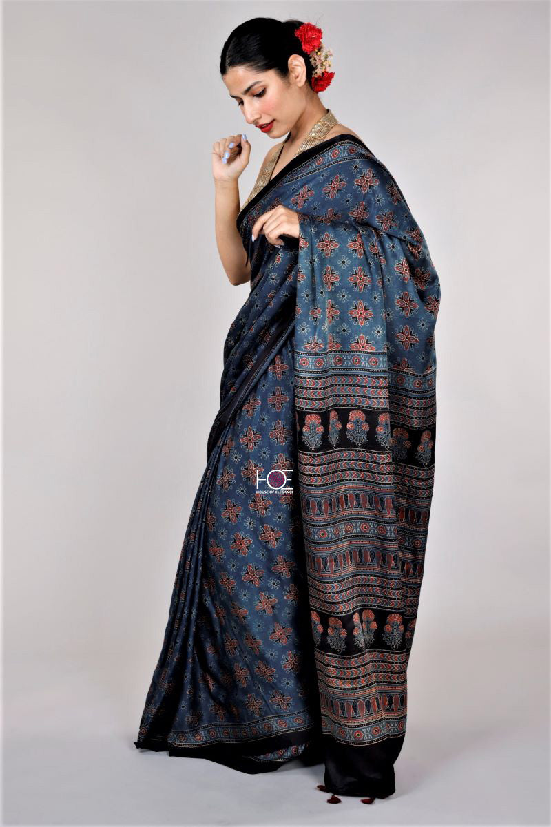 Shady Indigo Choufal Spread / Gajji Silk | Ajrakh Saree - Handcrafted Home decor and Lifestyle Products